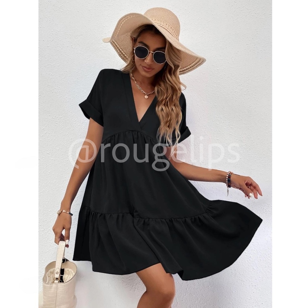 Black Short Sleeve Loose Fitting Mini Dress V-Neck Ruffle Flared Hem - Picture 3 of 8